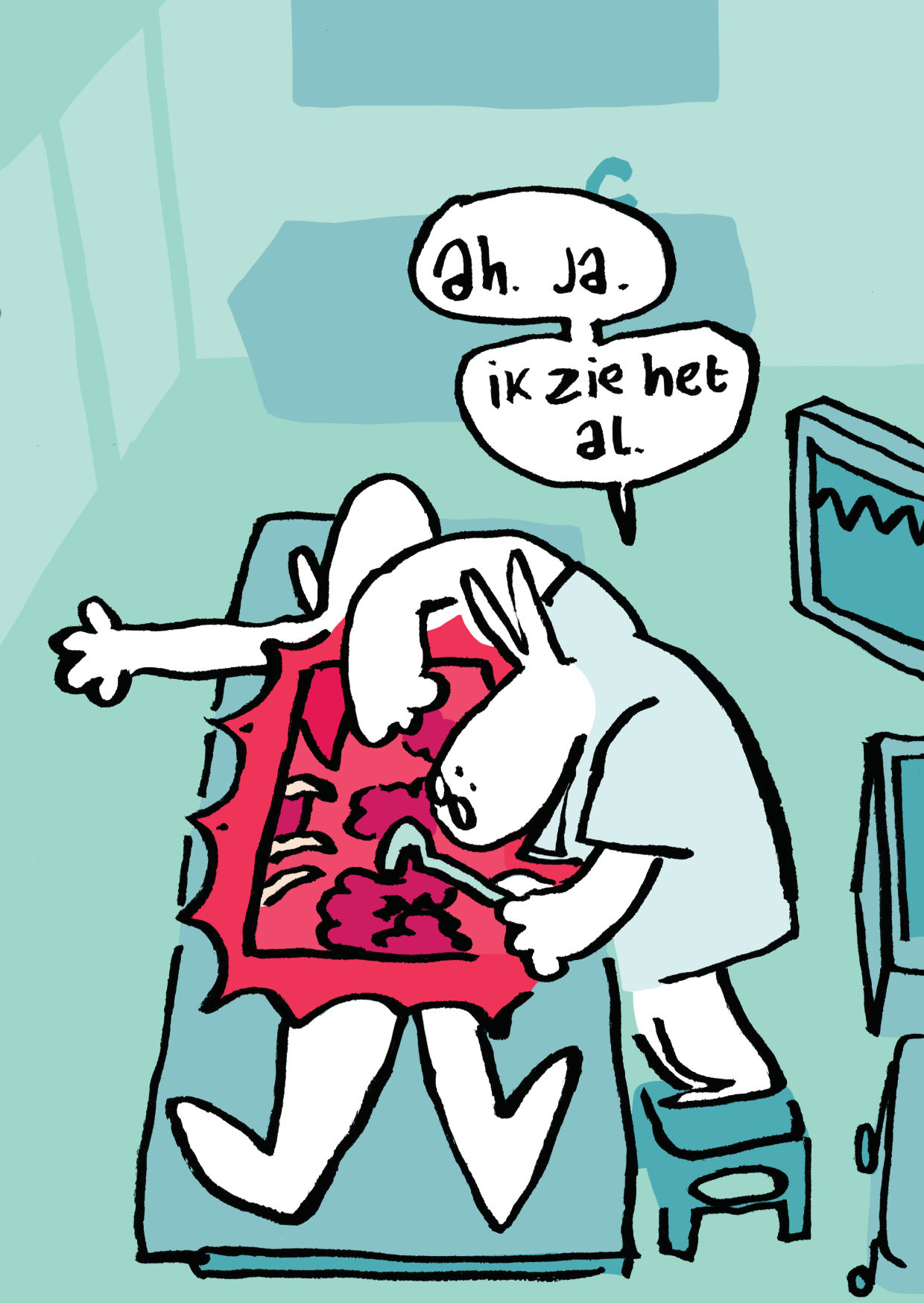 The doctor uses a crowbar to pull away the intestines, saying 