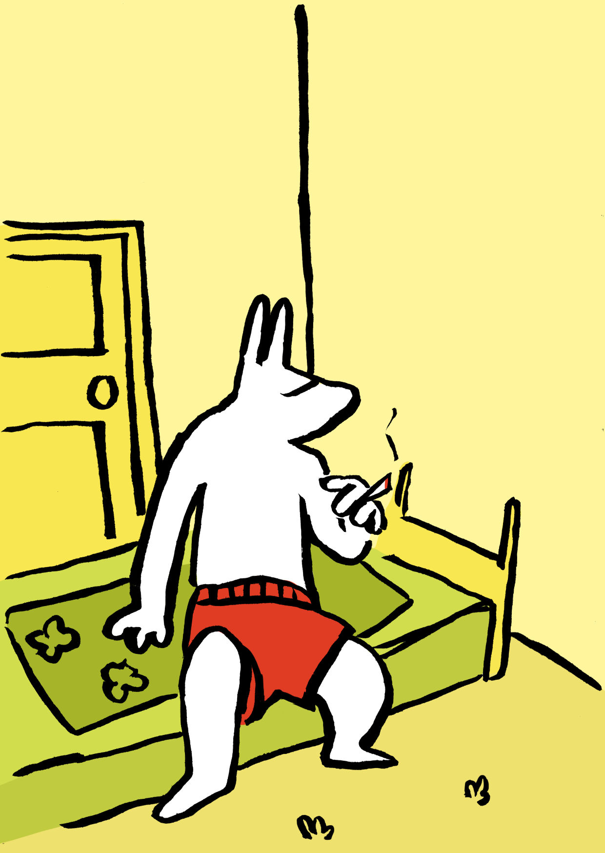 The guy with the pants is still sitting on the edge of the bed, but has started smoking a cigarette.