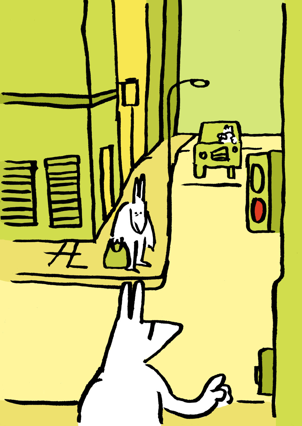 The guy with the pants stands at an intersection, a pantsless bystander looks shocked.