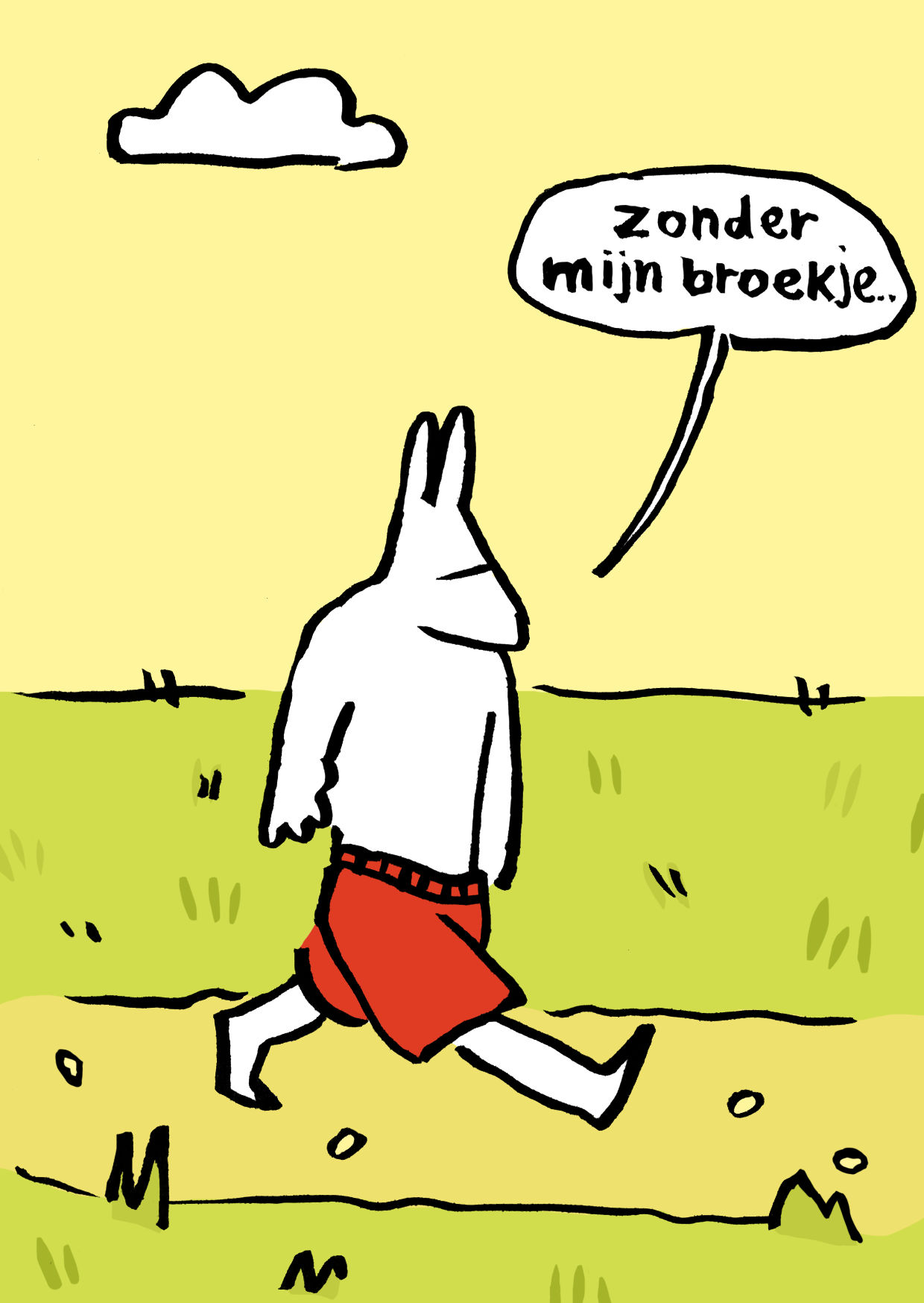 The guy with the pants walks through a field, saying, 